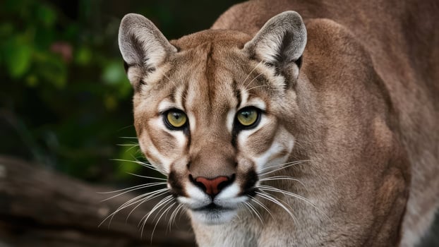 The cougar's eyes are framed by thick fur, giving it an intense and wild look photo