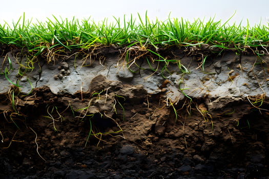 Cross-Section of Vibrant Green Grass with Roots in Detailed Soil Layers Nature Background, Educational Concept photo