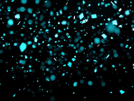 Small turquoise dots scatter chaotically across a dark background, glowing at varying intensities, creating an enchanting stardust effect reminiscent of the cosmos. photo