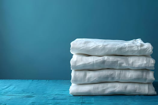 Stack of White Linen Napkins on Blue Background for Elegant Dining and Home Decor photo