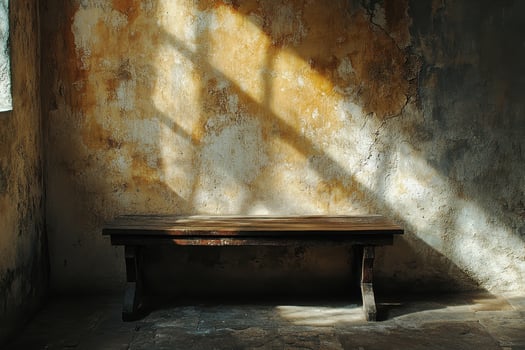 Wooden Bench Against a Weathered Wall with Sunlight Streaming Through a Window photo