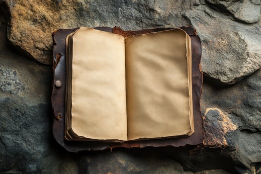 Open Vintage Leatherbound Book on Rough Stone Surface photo