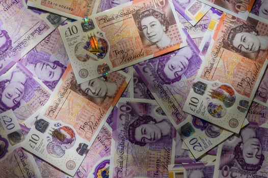 A plan view of pound sterling bank notes. 5 photo