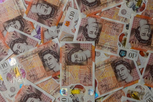British Currency - ten pound banknotes in a spreading fan format. photo