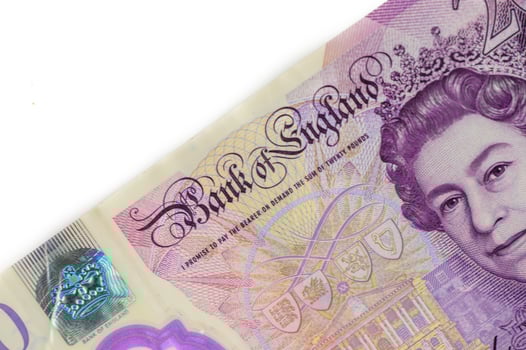 20 Sterling Pounds banknotes. Corner of the stack. New British polymer money. Macro photo. photo