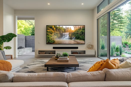 Modern living room with large tv showing waterfall displayed on wall photo