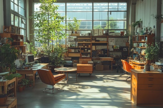 Sunlight streaming into a modern office filled with plants photo