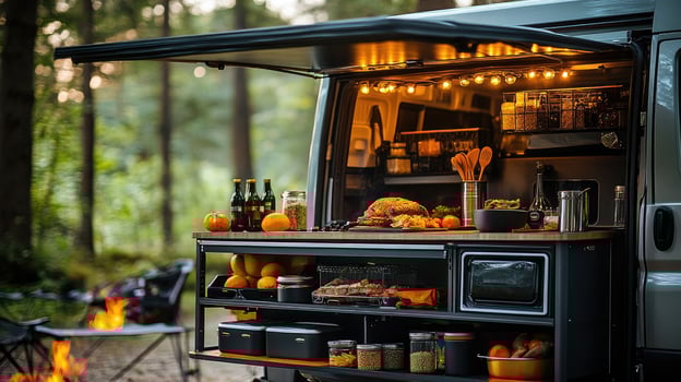 Camper van kitchen fully equipped for cooking in the woods photo