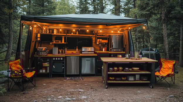 Camper van kitchen fully equipped for cooking in the woods photo