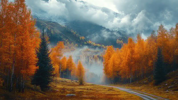 Winding dirt road leading through foggy forest in autumn photo