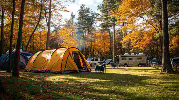 Tourists camping with tent and camper van enjoying camping trip in the forest photo
