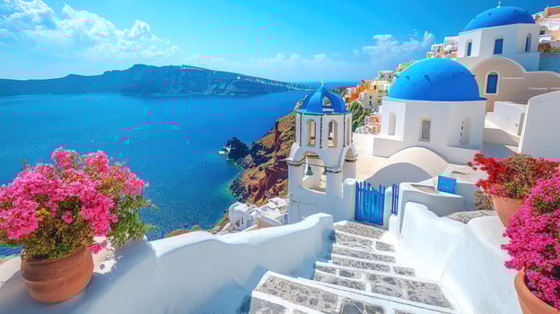 Whitewashed church overlooking the aegean sea in santorini, greece photo