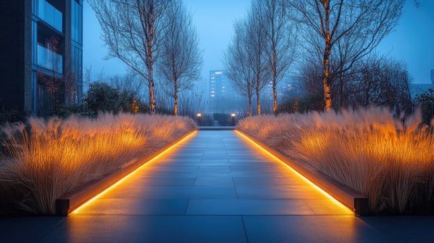 Modern architecture garden pathway lighting up at dusk with warm light photo