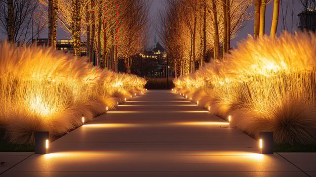Modern illuminated walkway between ornamental grasses at night photo