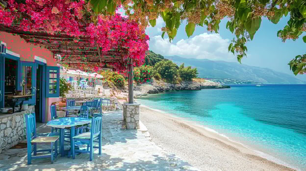Picturesque greek tavern overlooking tranquil turquoise sea on a sunny day photo