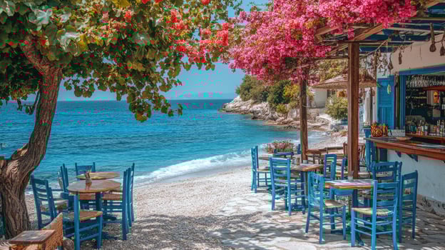 Picturesque greek tavern overlooking tranquil turquoise sea on a sunny day photo