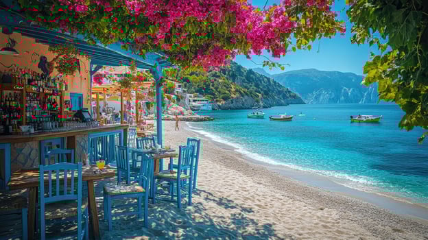 Turquoise sea water and boats on a sunny day at a greek beach with a cozy restaurant photo