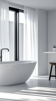 Modern bathroom with freestanding tub, natural light, and minimalist decor in contemporary design photo