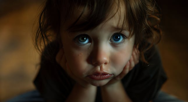 A young child with blue eyes sitting on the floor photo