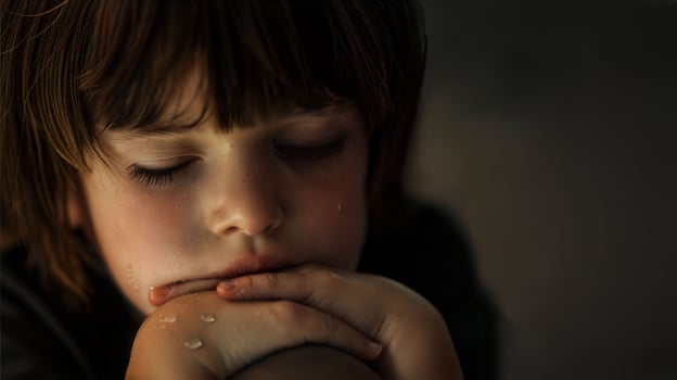 A young boy is holding his hand to his face photo