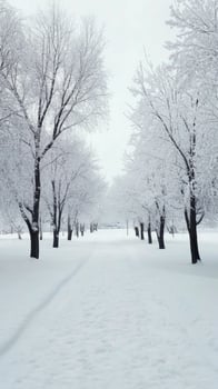 A serene winter landscape with snow-covered trees lining a peaceful pathway in a quiet park photo