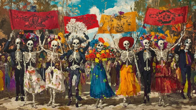 Skeletons in Formal Attire Marching in a Colorful Procession photo
