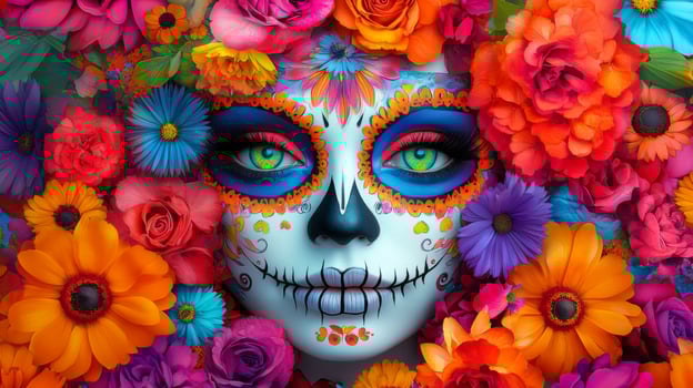 Sugar Skull Face Surrounded by Vibrant Flowers photo