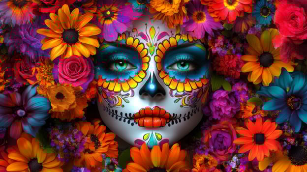 Close-up Portrait of a Woman with Day of the Dead Makeup Surrounded by Flowers photo