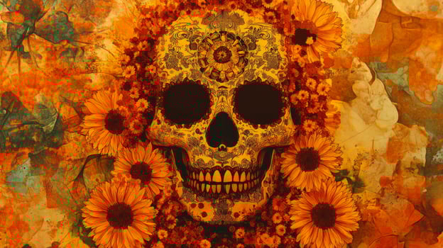 Ornate Sugar Skull with Orange Flowers photo