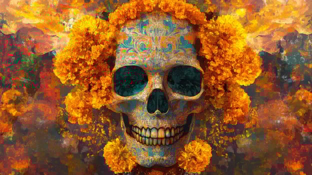 Ornate Sugar Skull Surrounded by Marigold Flowers photo