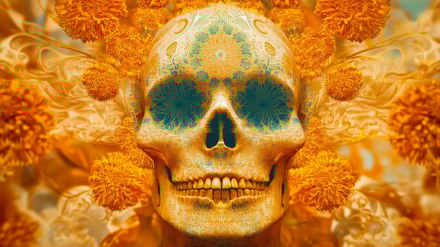 Ornate Sugar Skull Surrounded by Orange Marigolds photo
