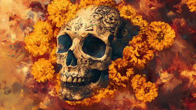 A Painted Skull Surrounded by Orange Flowers photo