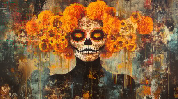 A Painted Skull Adorned with Orange Flowers photo