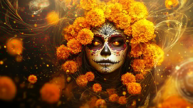 A Woman with Sugar Skull Makeup Surrounded by Marigolds photo