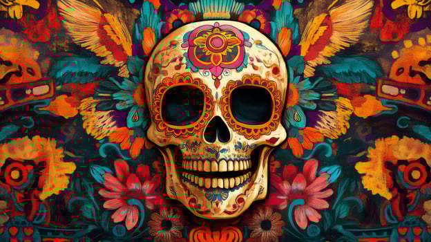 Ornate Sugar Skull with Floral Background photo