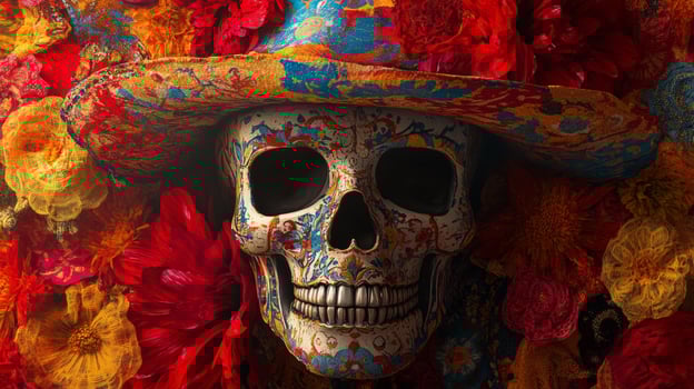 Ornate Sugar Skull with Sombrero Surrounded by Red and Yellow Flowers photo