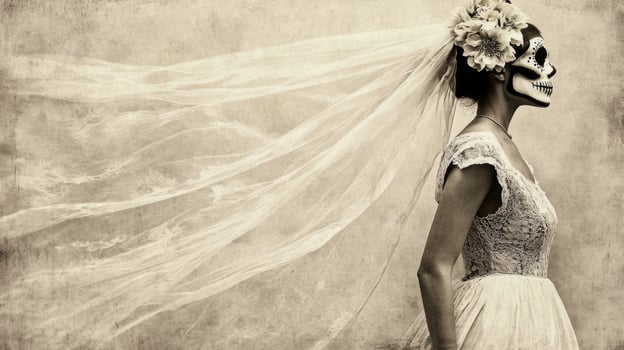 A Woman in a Wedding Dress Wearing a Skull Makeup for Da de Muertos photo