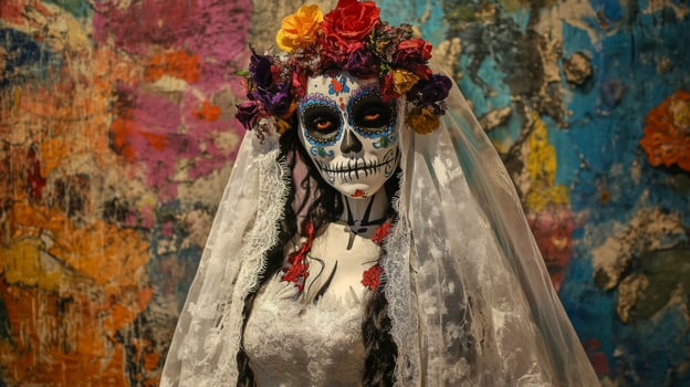 Woman in a White Dress with a Skull Makeup and a Floral Crown photo