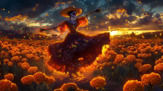 A Skeleton Dressed in a Flowing Gown Dances in a Field of Marigolds Under a Sunset Sky photo