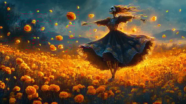 Skeleton Woman Dancing in a Field of Marigolds photo