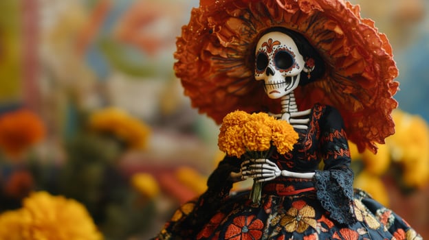 Skeleton Figure Dressed in Traditional Mexican Clothing Holding Yellow Flowers photo