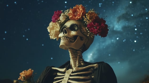 Skeleton with Flower Crown Gazing at the Milky Way photo