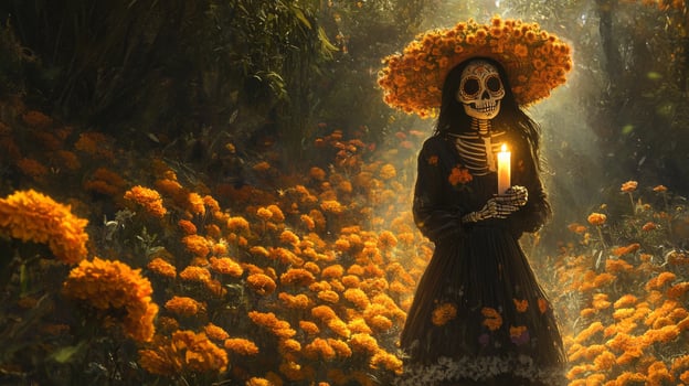 A Skeleton Woman in a Flower Crown Holding a Candle in a Field of Marigolds photo