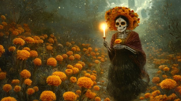A Skeleton Figure Holding a Candle and a Marigold Flower in a Field of Marigolds photo