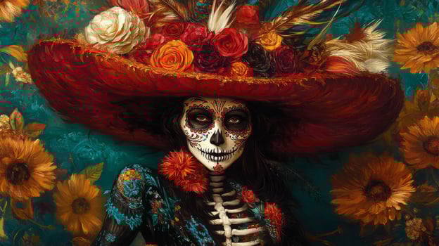 A Woman Wearing a Red Hat and a Day of the Dead Skull Makeup photo