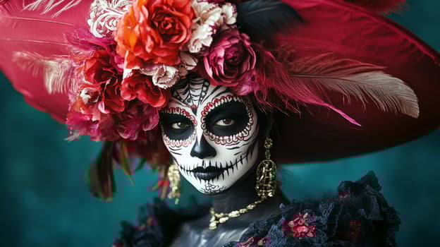A Woman Dressed in Day of the Dead Makeup and a Red Hat with Feathers photo