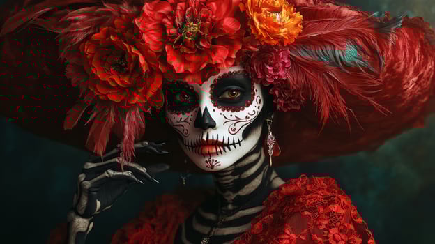 Woman with Skeleton Makeup Wearing Red Feathers and Flowers photo