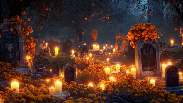 A Cemetery Decorated with Marigolds and Candles for Da de Muertos photo