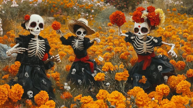 Three Skeletons Dressed in Black Celebrate with Marigolds photo