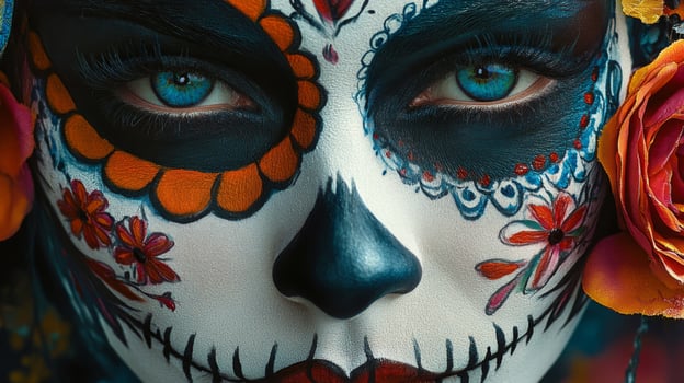 Close-up of a Woman with Blue Eyes and Day of the Dead Makeup photo